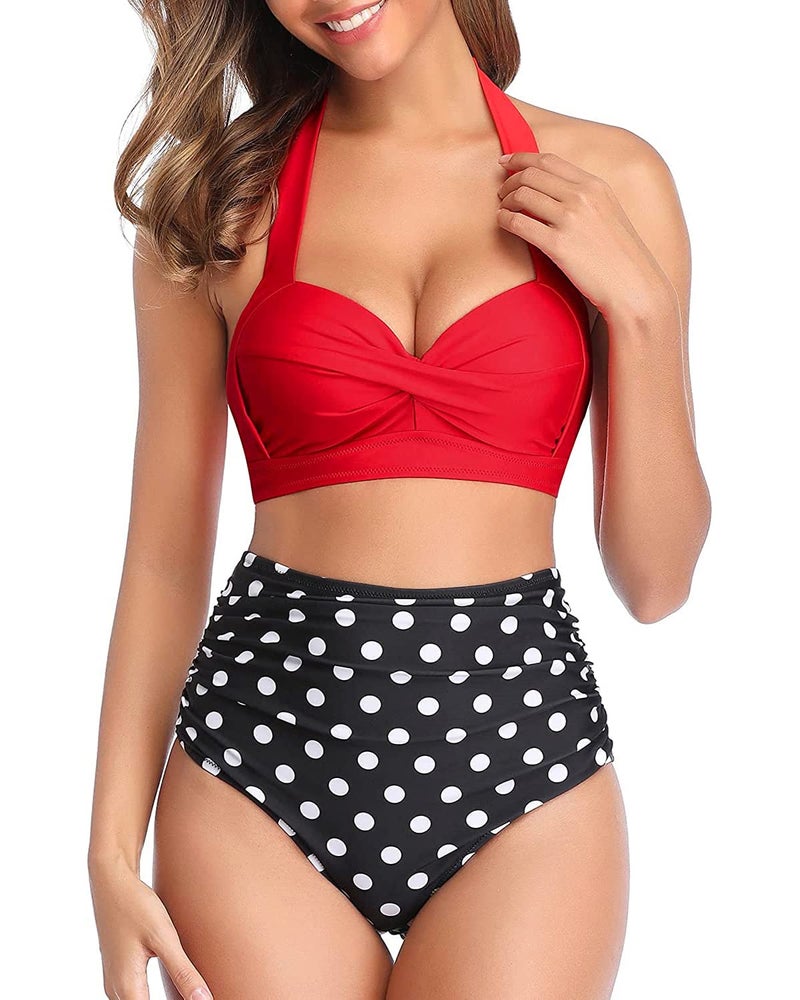 Tempt Me Women Two Piece Swimsuit High Waisted Bikini Halter Vintage Retro Bathing Suit Red Black Dot Push up Swimwear XL - Image 2